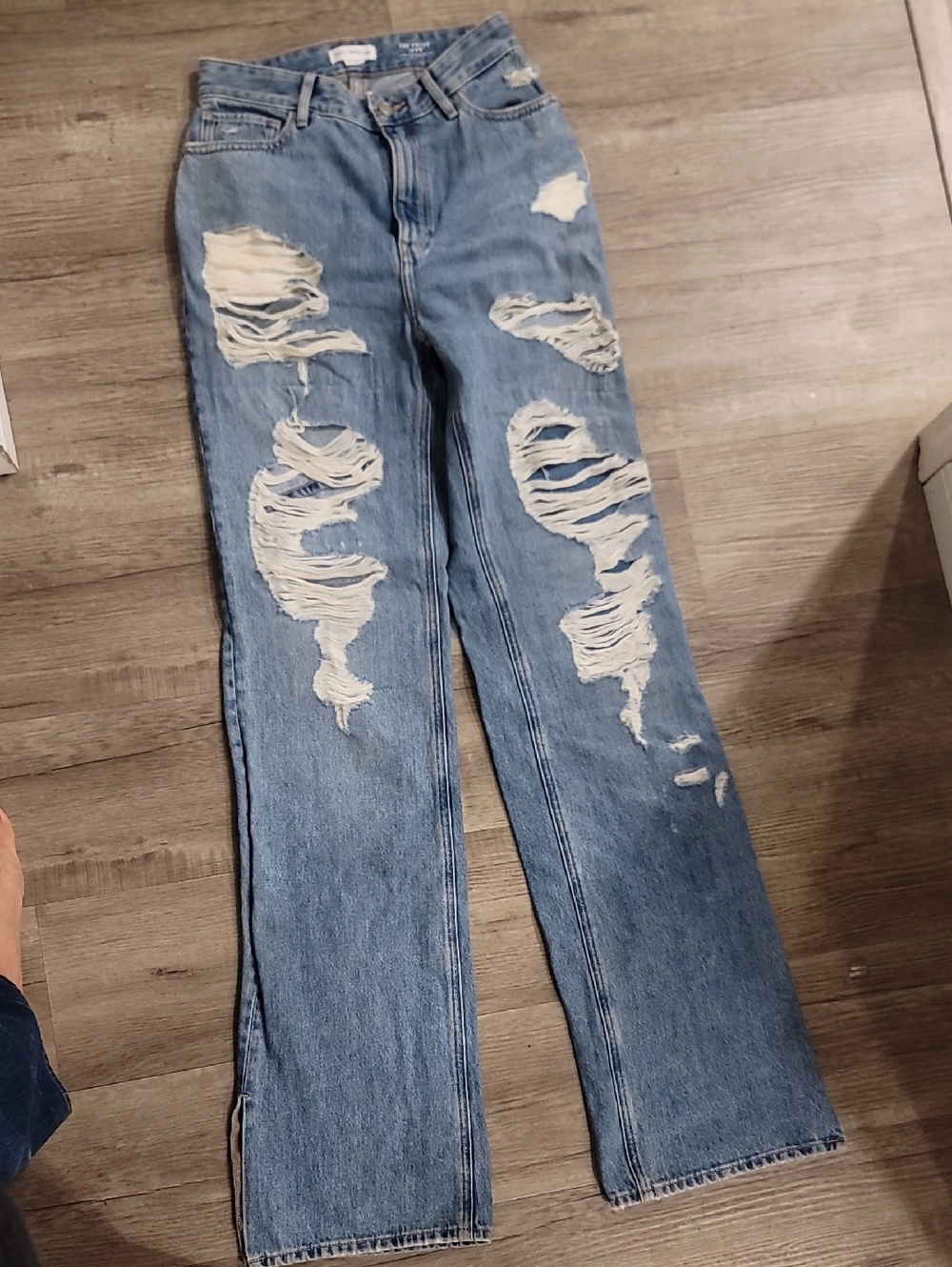 Good American Light Blue Distressed Wide Leg Jeans. The Khloe Jean
